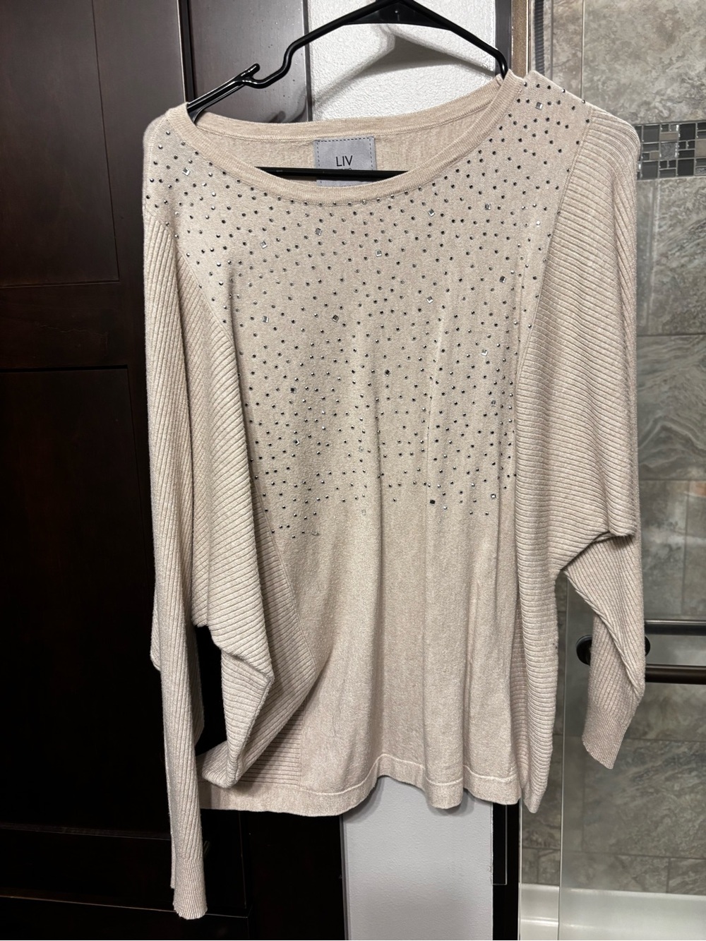 Milano Beige Crewneck Sweater with Rhinestone Detail